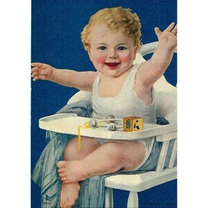 Vintage Calendar Print "Greetings"  Baby in High Chair 6x8